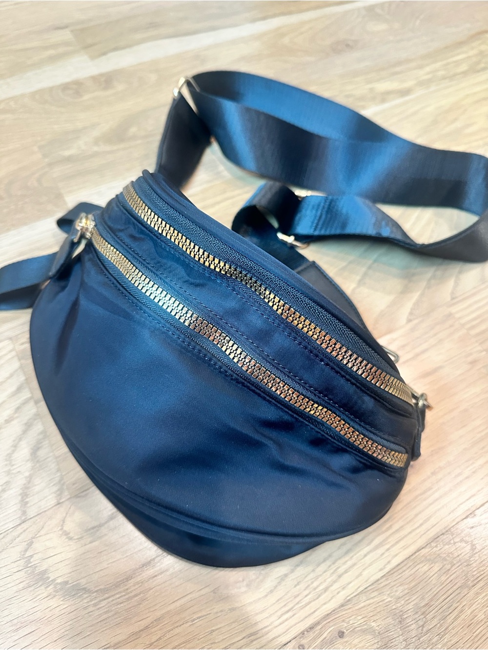 Unlisted Black Crossbody Belt Bag with Gold Zippers